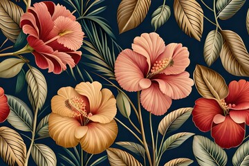 Beautiful background with hibiscus flowers and leaves Generative AI