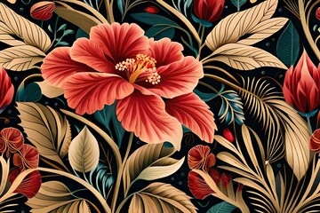 Beautiful background with hibiscus flowers and leaves Generative AI