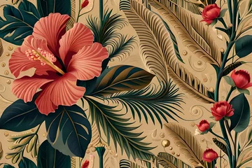 Türaufkleber Beautiful background with hibiscus flowers and leaves Generative AI © Sarwono