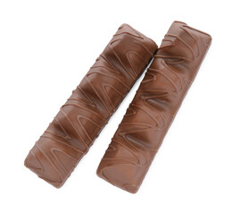 Two tasty chocolate bars isolated on white, top view