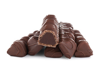 Many tasty chocolate bars isolated on white