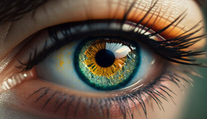 Close up detail beautiful female eye macro, fashion natural makeup. Generative AI