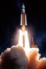Space rocket launch into space at night. NASA spaceship countdown. Shuttle takeoff. 