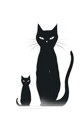 Abstract minimalist illustration of cat and kitten. Black cat silhouette drawing. Adorable cartoon feline.