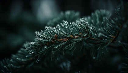 Naklejka na ściany i meble Evergreen branch with dew, snow, and freshness generated by AI