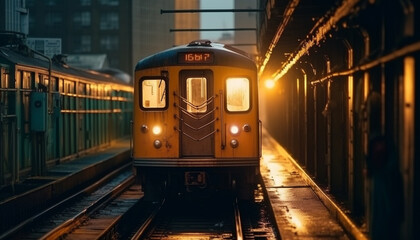 Fototapeta premium Yellow headlights illuminate modern subway train at dusk generated by AI