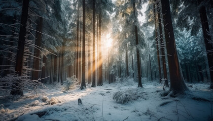 Obraz premium Frosty pine tree stands in tranquil winter forest generated by AI