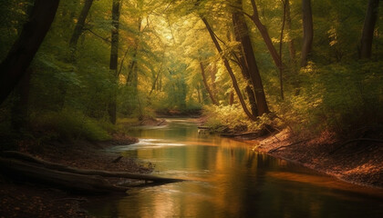 Obraz premium Tranquil scene of autumn forest by pond generated by AI