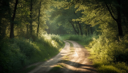 Autumn leaves on country road, vibrant colors generated by AI