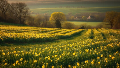 Vibrant canola fields at dawn, tranquil beauty generated by AI