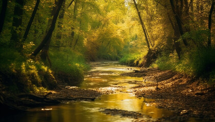 Fototapeta premium Tranquil autumn forest, vibrant colors reflect beauty generated by AI