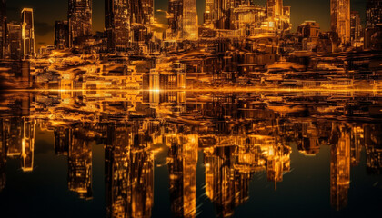 Obraz premium Futuristic cityscape reflects on water at dusk generated by AI