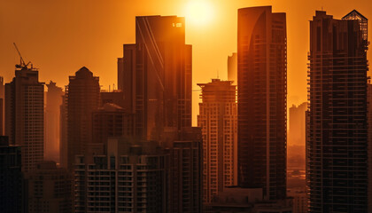 Fototapeta premium Silhouette of modern skyscrapers, back lit by sunset generated by AI