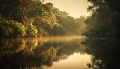 Tranquil scene of sunset over swamp water generated by AI