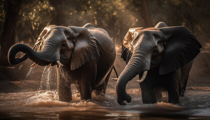 African elephant herd walking in tropical wilderness generated by AI