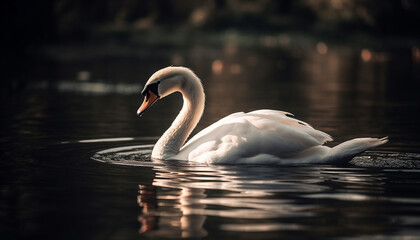 Fototapeta premium Elegant swan reflects natural beauty in tranquil pond generated by AI