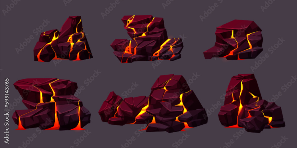 Sticker volcano boulder texture with lava in cracks and broken stones. volcanic rocks with light effect in f