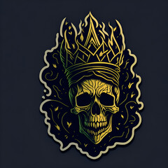 A skull sticker with a crown , golden , front ,t-shirt, stickers, die cut, whimsical, vector art, bokeh, Adobe Illustrator, hand-drawn, digital painting