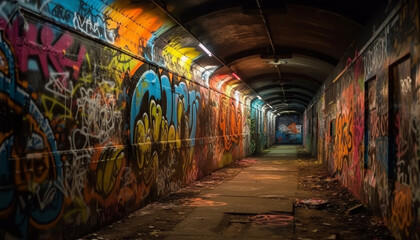 Graffiti covered walls line the spooky subway corridor generated by AI