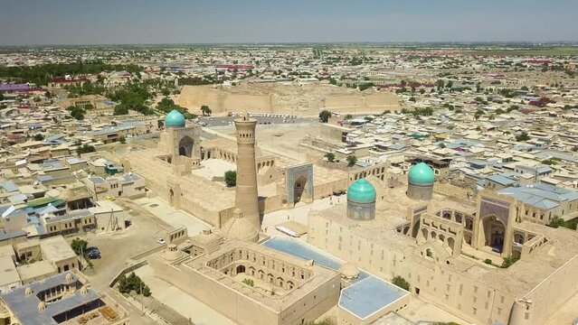 Drone shot one of the largest congregational mosque in Central Asia, Poi Kalyan Mosque in Bukhara, Uzbekistan