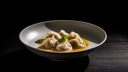 dumplings with savory broth in a white bowl