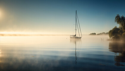 Sailing yacht glides on tranquil blue water generated by AI
