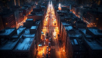Fototapeta na wymiar Glowing city skyline at dusk, bustling with traffic generated by AI