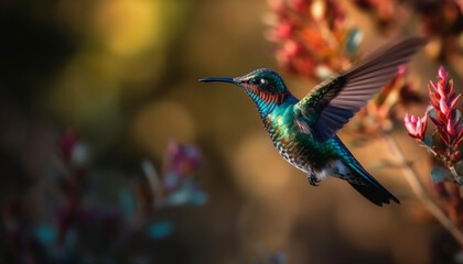 Hummingbird hovers mid air, pollinating vibrant flowers generated by AI