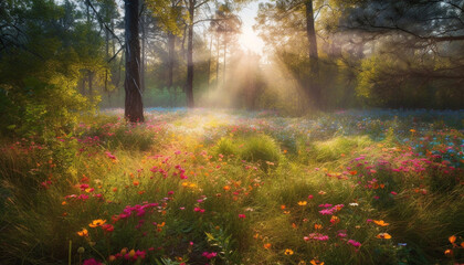 Vibrant wildflowers bloom in tranquil meadow scene generated by AI