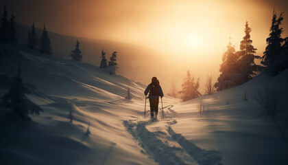 Fototapeta na wymiar One person skiing down mountain at sunset generated by AI