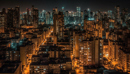 Glowing city skyline at dusk, modern architecture generated by AI