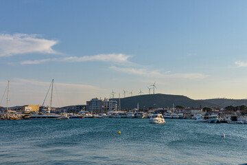Fototapeta na wymiar scenic view of Ilica Marina from Yildizburnu esplanade (Cesme, Izmir province, Turkey)