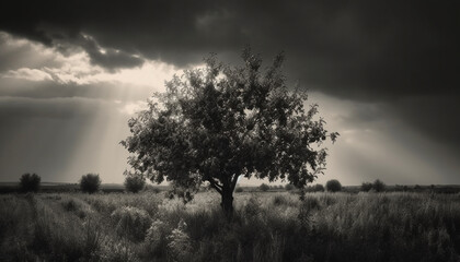 Silhouette of tree against dramatic moody sky generated by AI