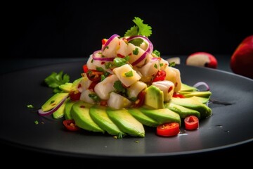 ceviche with slices of avocado and chili peppers on top