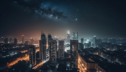 Fototapeta na wymiar Glowing cityscape at dusk, a futuristic metropolis generated by AI