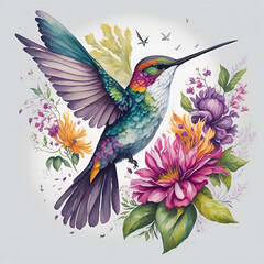 Colorful hummingbird, Watercolor Clipart, massive flowers splash, LUSH, flowers splash, full Illustration,  with white background