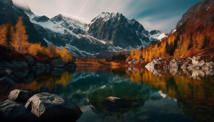 Fototapeta premium Majestic mountain peak reflects tranquil autumn beauty generated by AI