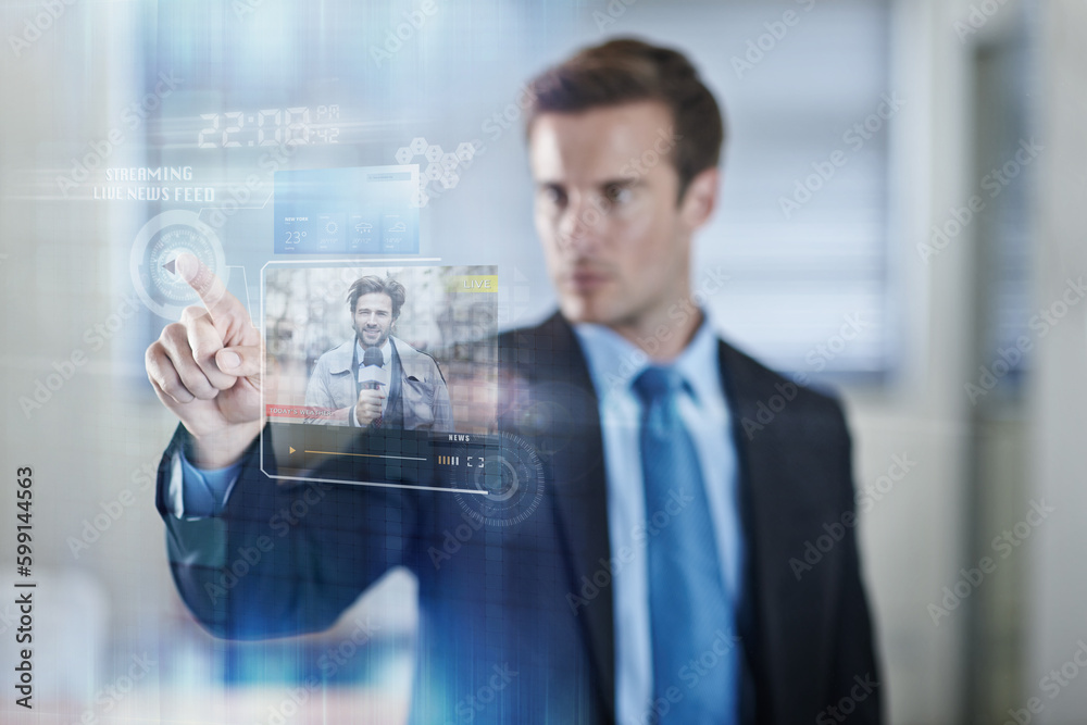 Poster 3d, hologram and businessman watching online news on the internet using software technology for info