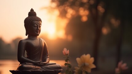 Buddha statue on sunset background.Generative Ai