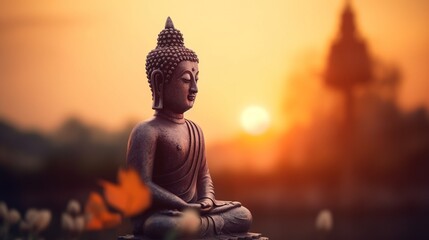 Buddha statue on sunset background.Generative Ai