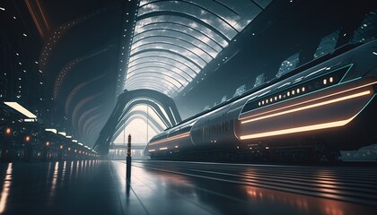 A modern bullet train station with advanced technology and modern futuristic architecture, a modern metro station with an open roof. Generative AI