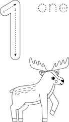 Flashcard number 1. Preschool worksheet. Cute cartoon moose.
