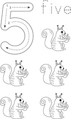 Flashcard number 5. Preschool worksheet. Cute cartoon squirrels.