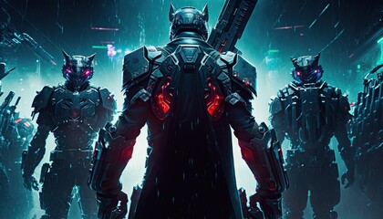 Fototapeta premium robot cyborg highly trained warrior with a squad going on the mission with hyper swords, cyborg soldier with a weapon in a plane ready to diving for war in a warzone. Generative AI 