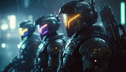 A Group of highly trained cybernetics soldiers on a mission with night vision glowing helmets and high-tech technology weapons. Generative AI - obrazy, fototapety, plakaty