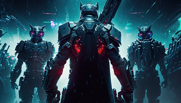 robot cyborg highly trained warrior with a squad going on the mission with hyper swords, cyborg soldier with a weapon in a plane ready to diving for war in a warzone. Generative AI 