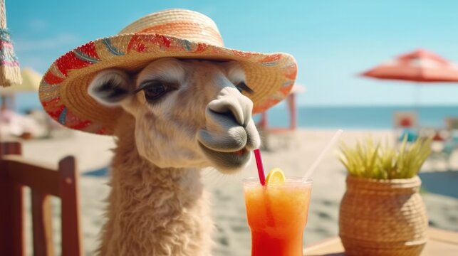 Summer holiday at the beach bar with Llama on a relaxing vacation, wearing fashionable straw hat and drinking the most refreshing and delicious cocktail drinks, cute animal portrait - generative AI