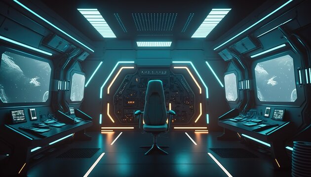 the futuristic spaceship cockpit interior technology, high technology cockpit. Generative AI
