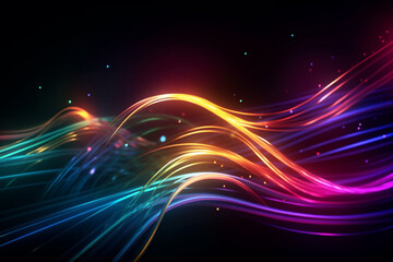 Fototapeta premium Neon waves and lines, colorful neon background, glowing in the dark, particles around, ai image.