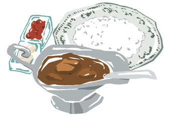 欧風カレー、ライス、らっきょう、漬物のベクターイラスト